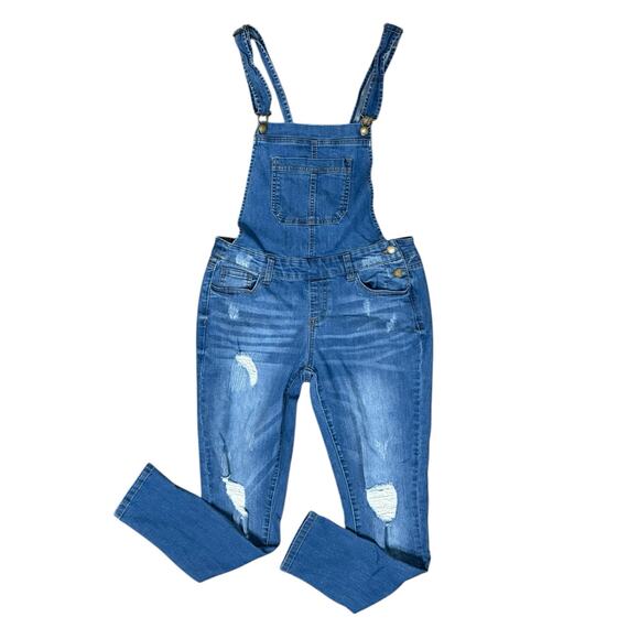 Wax Jeans Bibb Overalls Women Med Denim Distressed Skinny Chore Farm Medium Wash - Picture 1 of 10